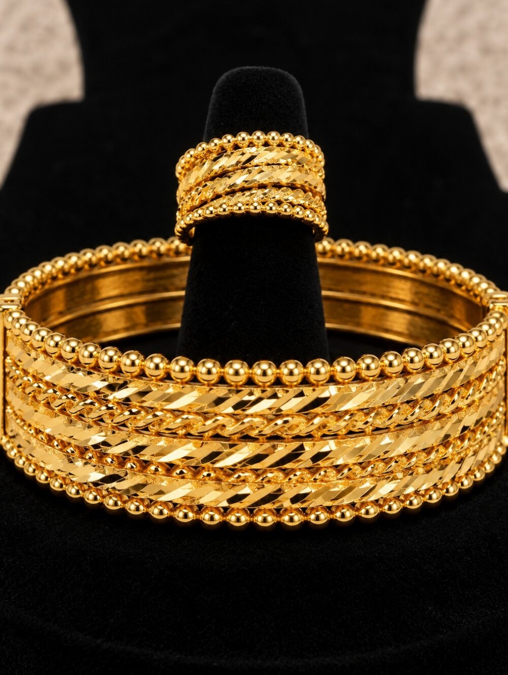 22kgp Dubai Gold-Tone Beaded and Braided Bangle Bracelet and Ring Set